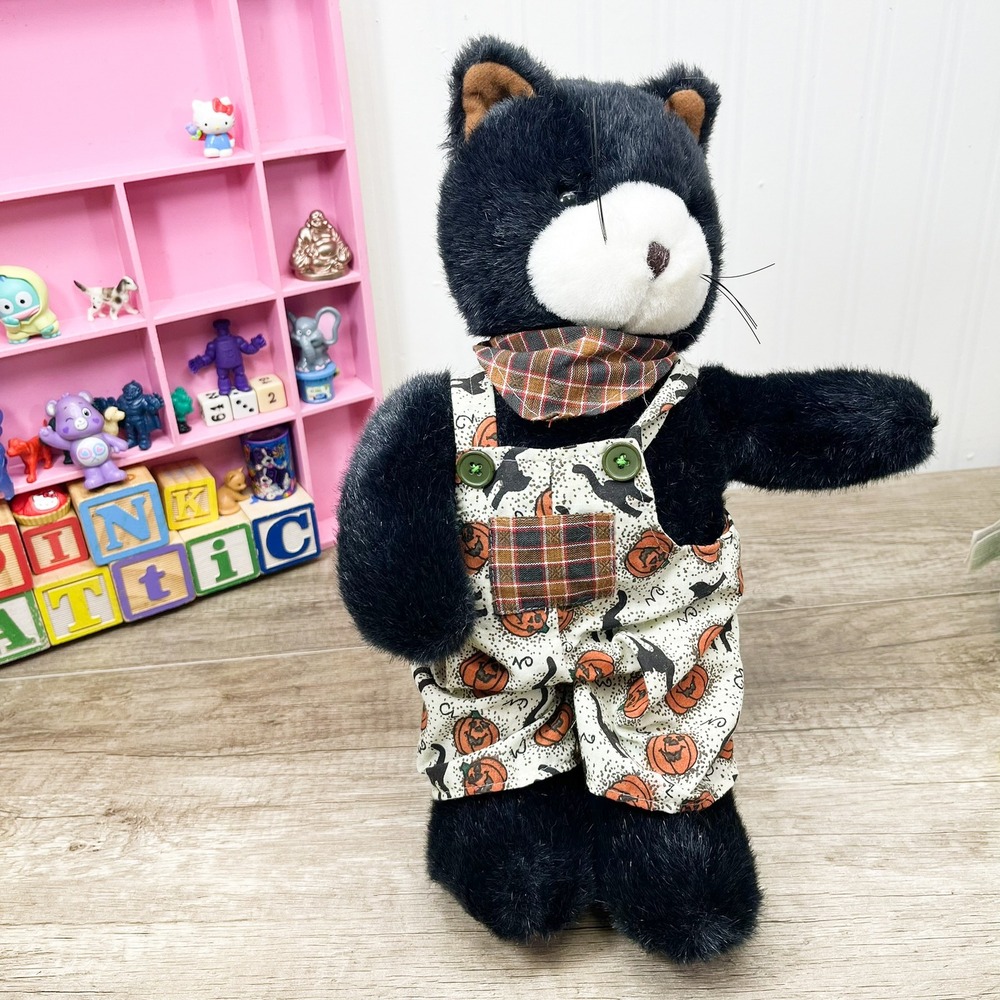 Good Stuff Black Cat Plush Halloween Pumpkin Overalls Tuxedo Cat Stuffed Animal